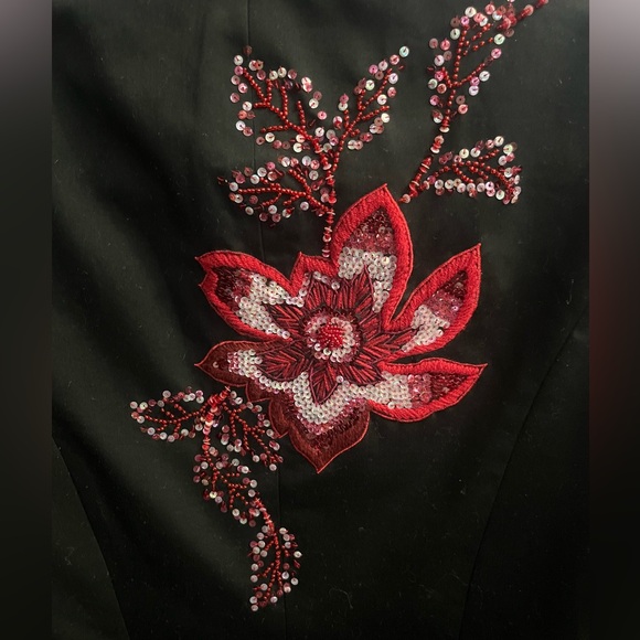 Cache Black red beaded sequin embroidered pant suit long sleeve jacket vintage - Picture 2 of 7